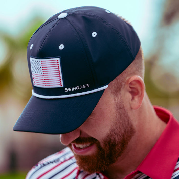 SwingJuice Men's Golf Flag Polo White & Flag Unisex Active Rope Hat Navy-Multi