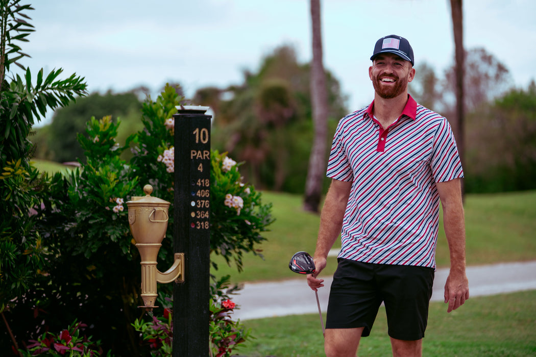 SwingJuice Men's Golf Flag Polo White & Flag Unisex Active Rope Hat Navy-Multi